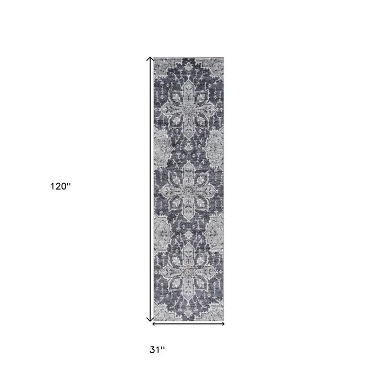 10' Ivory Gray And Purple Floral Medallion Runner Rug