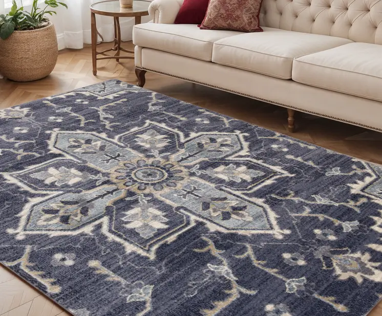 5' X 8' Ivory Gray And Purple Floral Medallion Area Rug