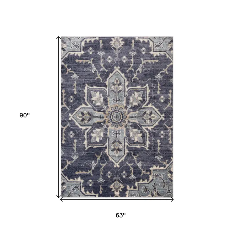 5' X 8' Ivory Gray And Purple Floral Medallion Area Rug