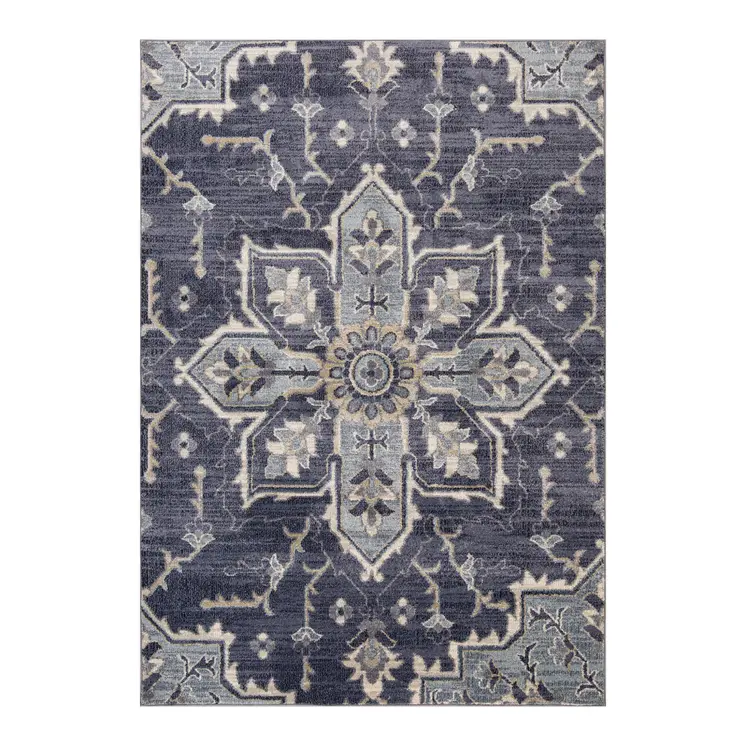 6' X 9' Ivory Gray And Purple Floral Medallion Area Rug