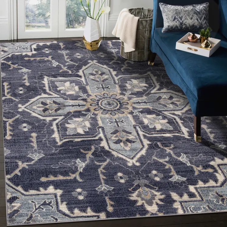 6' X 9' Ivory Gray And Purple Floral Medallion Area Rug