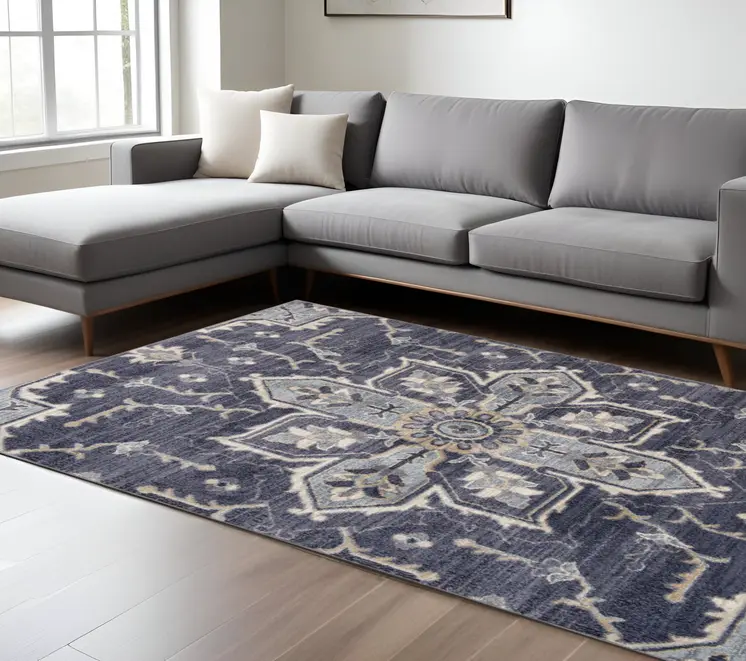9' X 12' Ivory Gray And Purple Floral Medallion Area Rug
