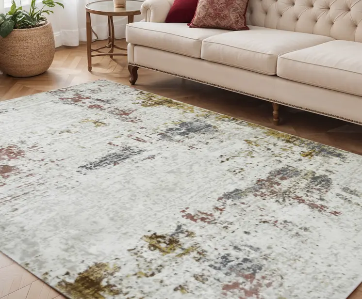 5' X 8' Ivory Red And Gold Abstract Area Rug