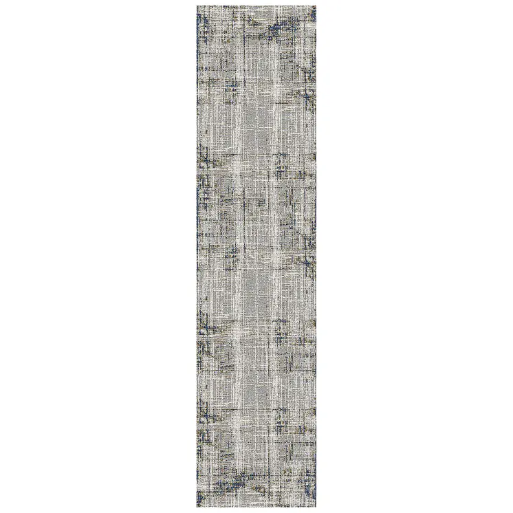 10' Ivory Blue And Gray Abstract Runner Rug
