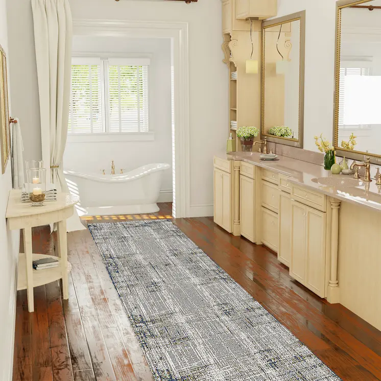 10' Ivory Blue And Gray Abstract Runner Rug