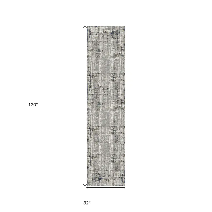 10' Ivory Blue And Gray Abstract Runner Rug