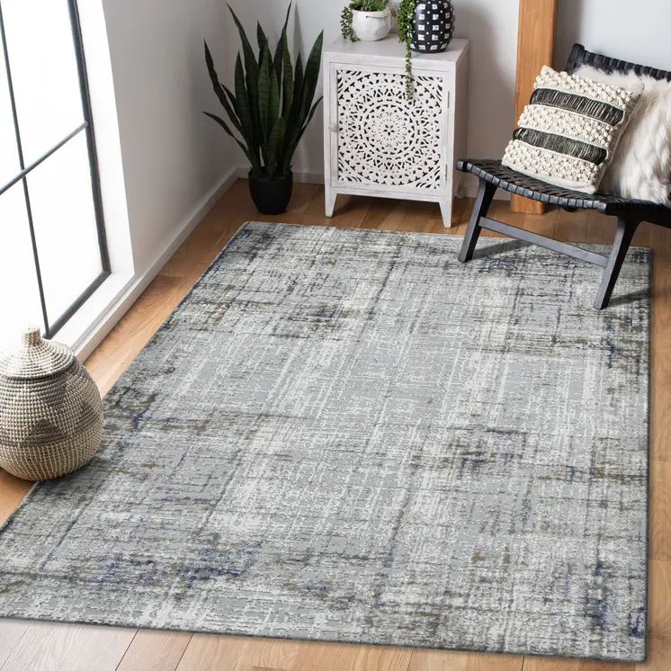 5' X 8' Ivory Blue And Gray Abstract Area Rug