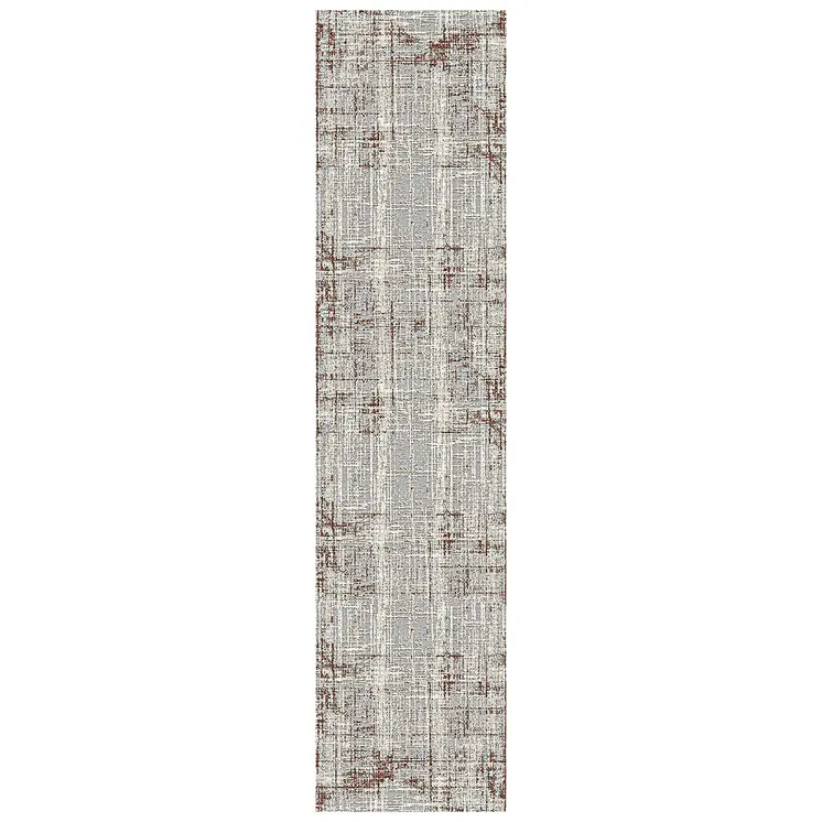 10' Ivory Red And Gray Abstract Runner Rug