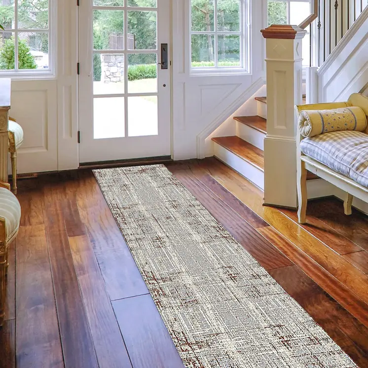 10' Ivory Red And Gray Abstract Runner Rug