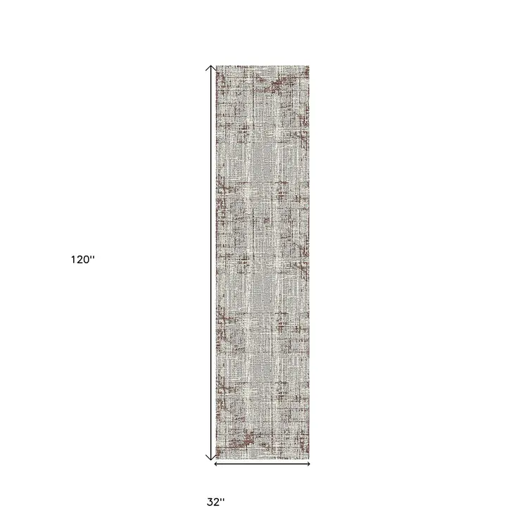 10' Ivory Red And Gray Abstract Runner Rug