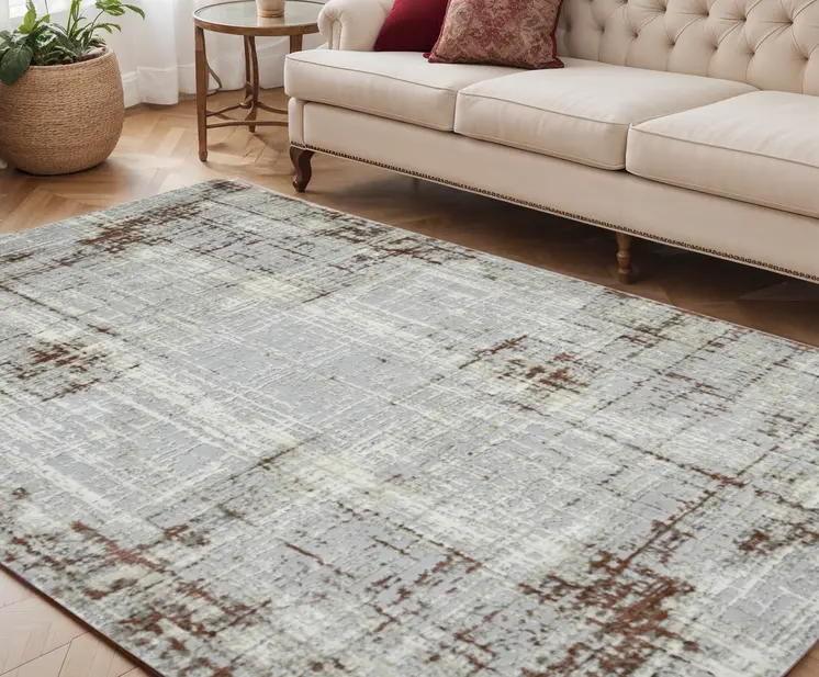 5' X 8' Ivory Red And Gray Abstract Area Rug