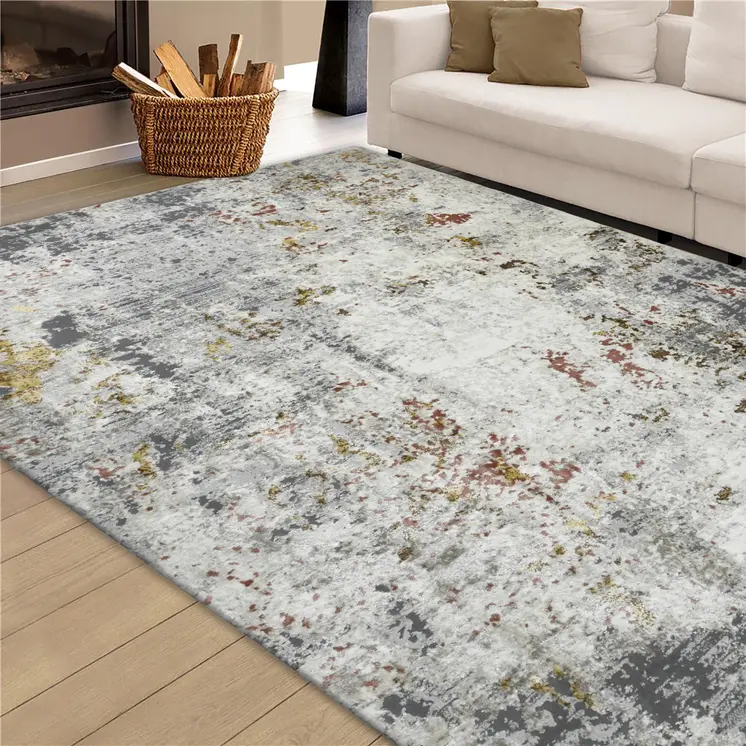 5' X 8' Ivory Gray And Gold Abstract Area Rug