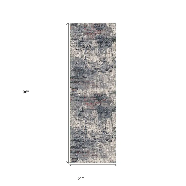 8' Gray and Ivory Abstract Power Loom Runner Rug