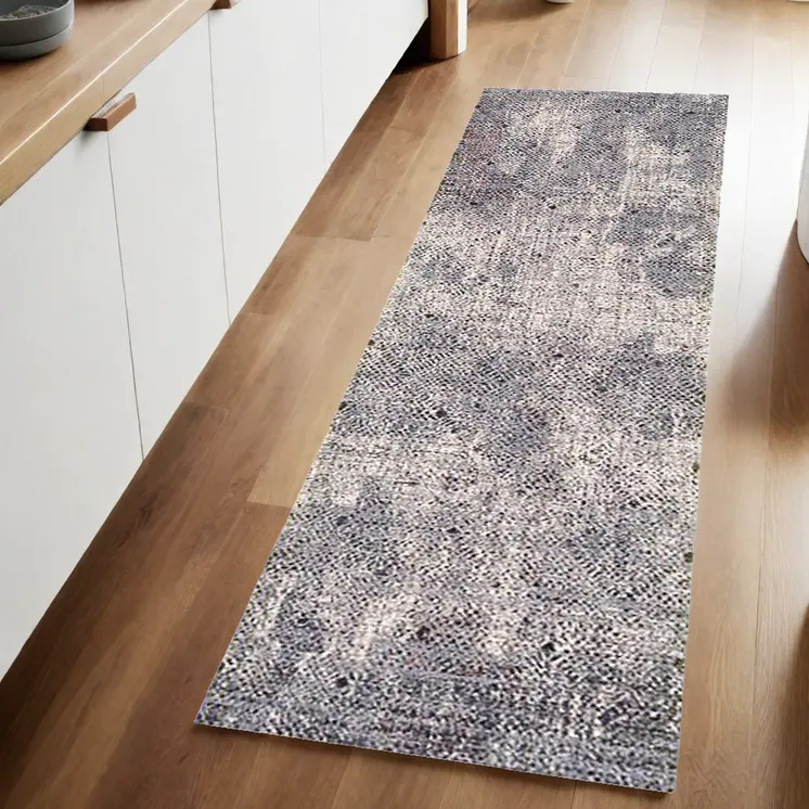 8' Ivory Black And Gray Abstract Runner Rug