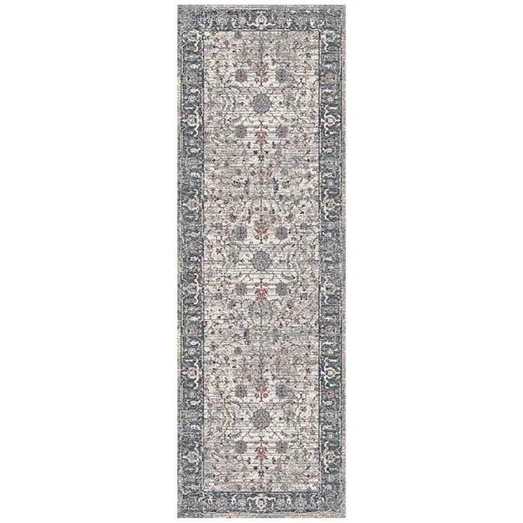 8' Ivory Blue And Gray Oriental Runner Rug
