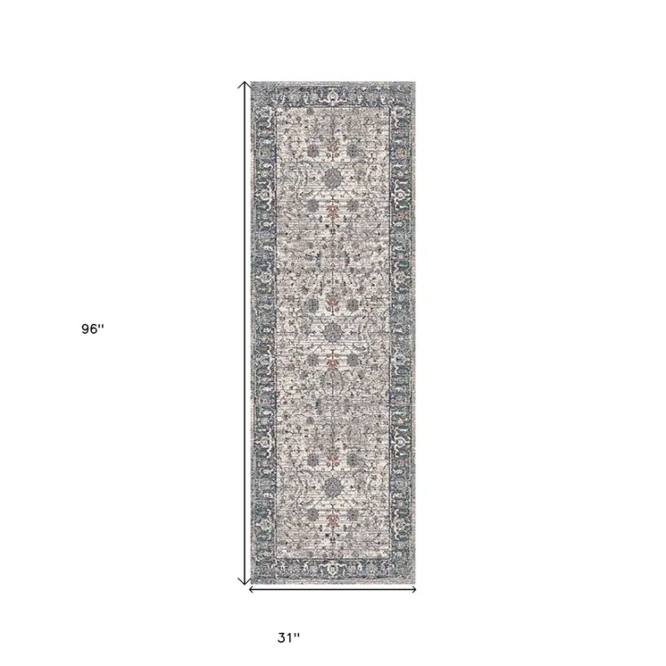 8' Ivory Blue And Gray Oriental Runner Rug