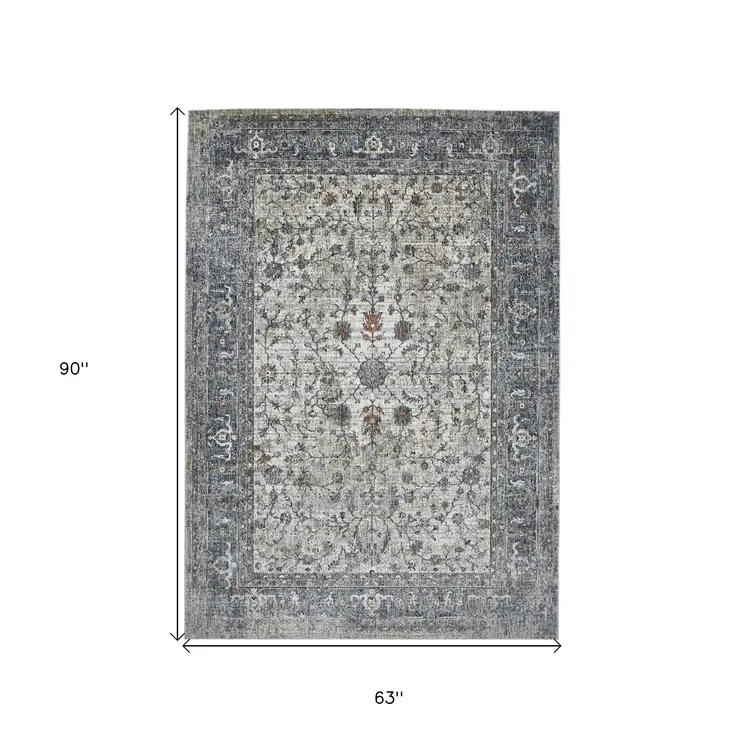 5' X 8' Ivory Blue And Gray Oriental Area Rug