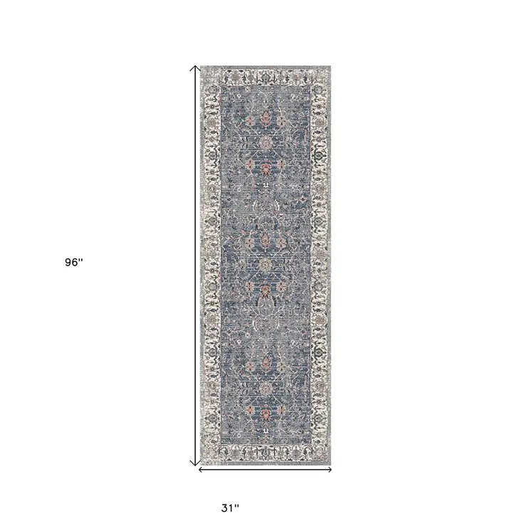 8' Ivory Charcoal And Orange Oriental Runner Rug