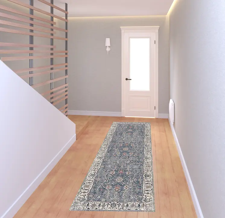 8' Ivory Charcoal And Orange Oriental Runner Rug