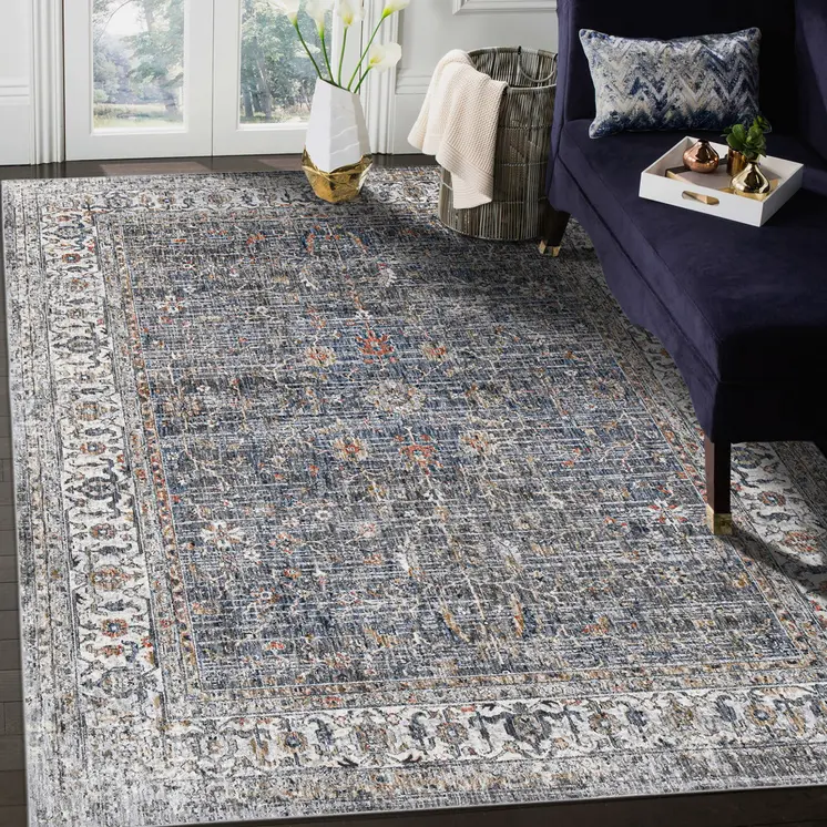 5' X 8' Ivory Charcoal And Orange Oriental Area Rug
