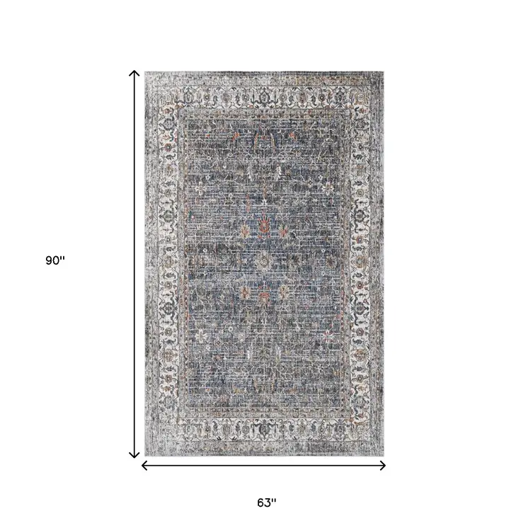 5' X 8' Ivory Charcoal And Orange Oriental Area Rug