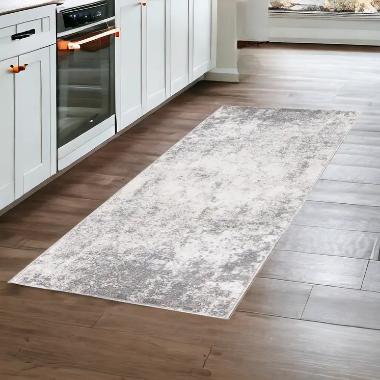 8' Beige Ivory And Gray Abstract Runner Rug