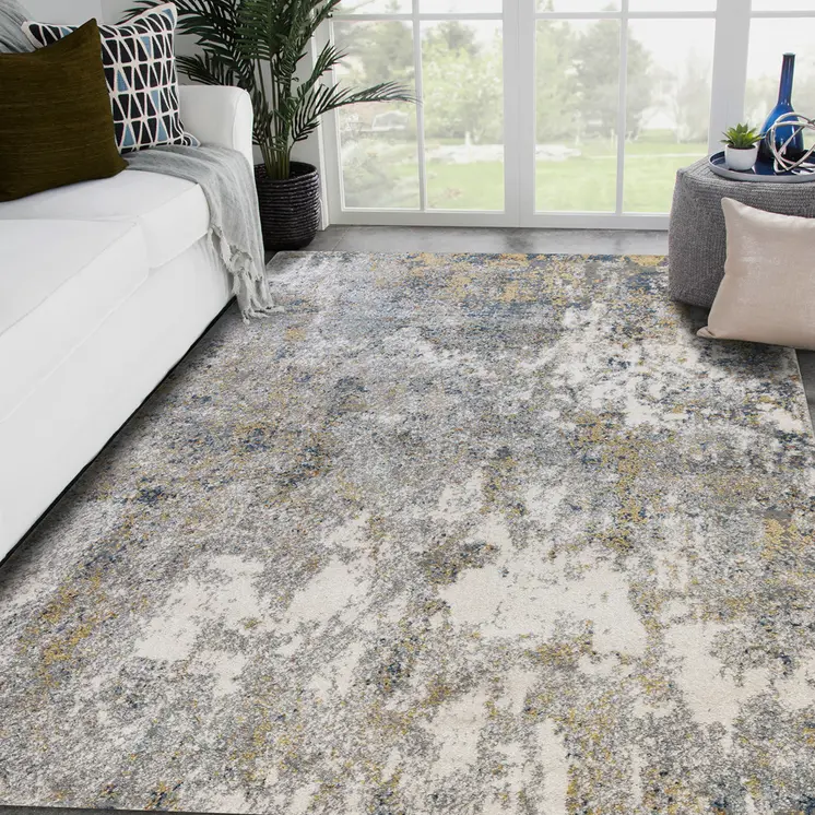 2' X 3' Ivory Blue And Yellow Abstract Area Rug