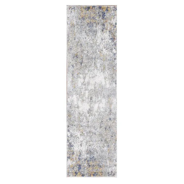 8' Ivory Blue And Yellow Abstract Runner Rug