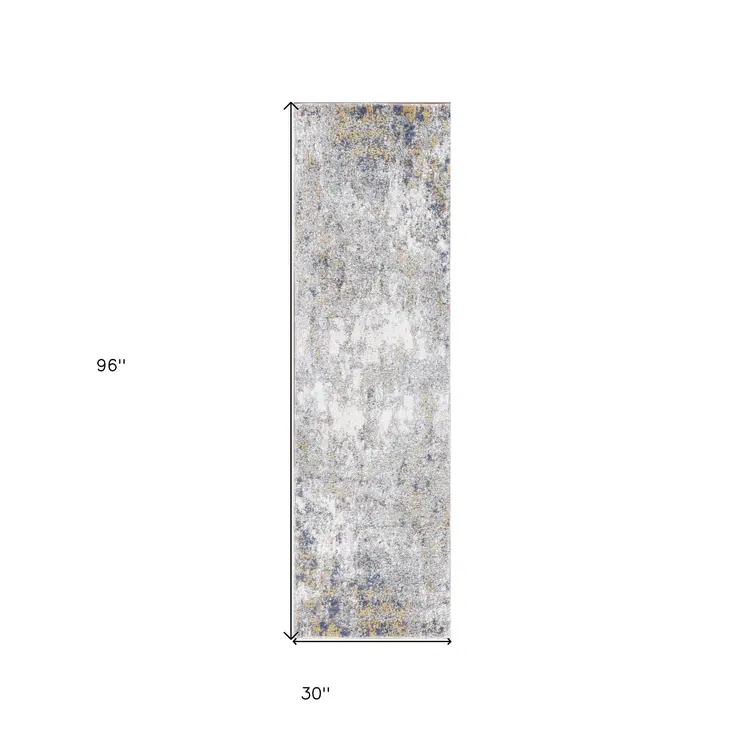 8' Ivory Blue And Yellow Abstract Runner Rug