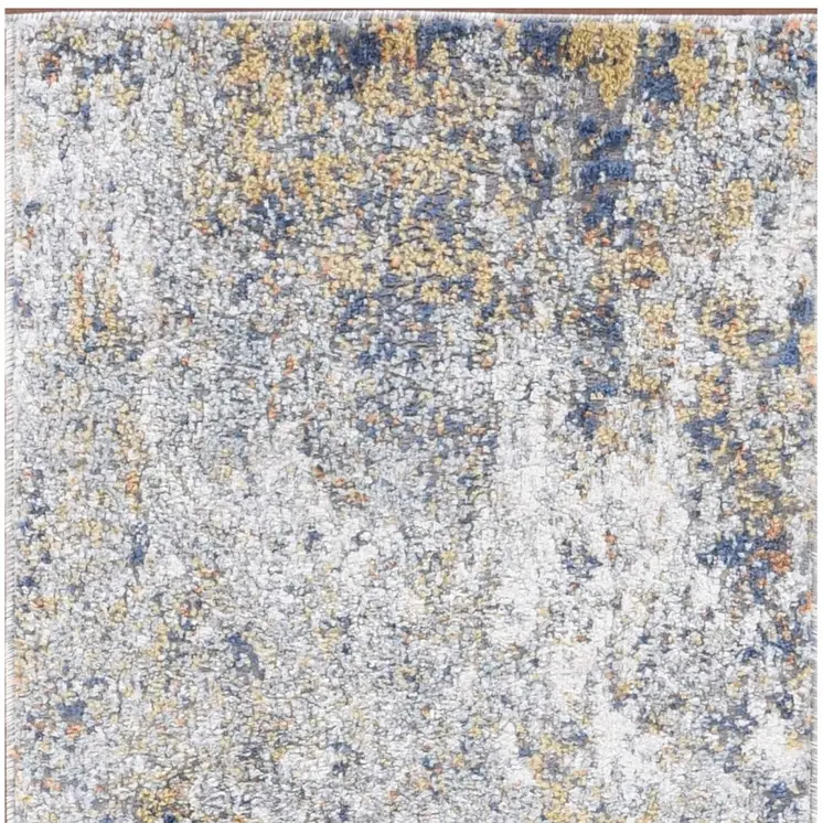 8' Ivory Blue And Yellow Abstract Runner Rug