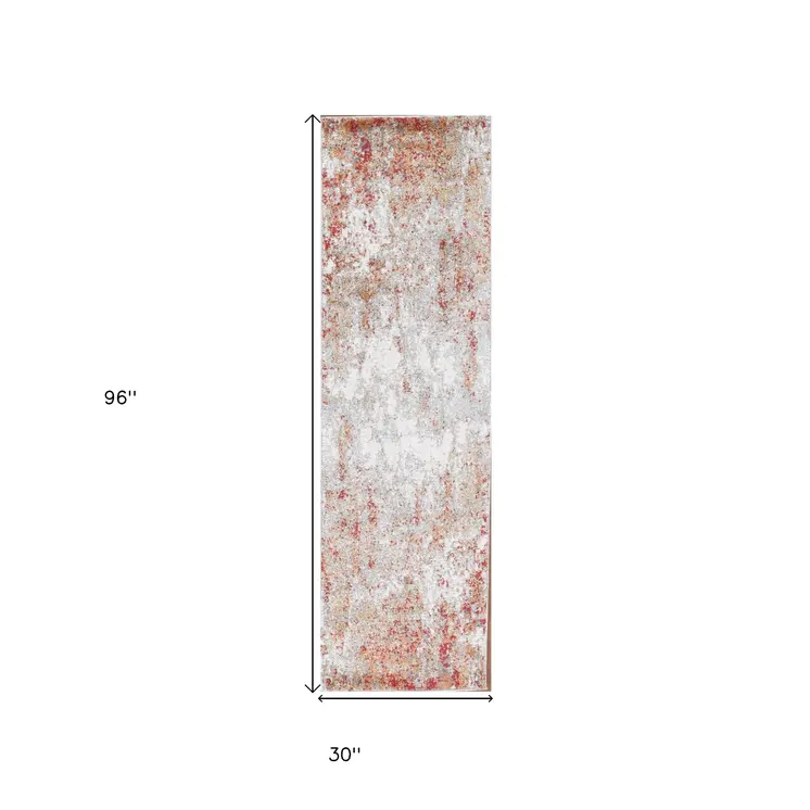 8' Ivory Red And Cream Abstract Runner Rug