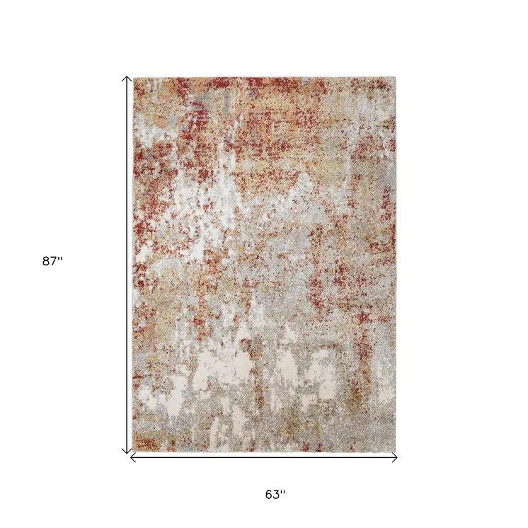 5' X 8' Ivory Red And Cream Abstract Area Rug