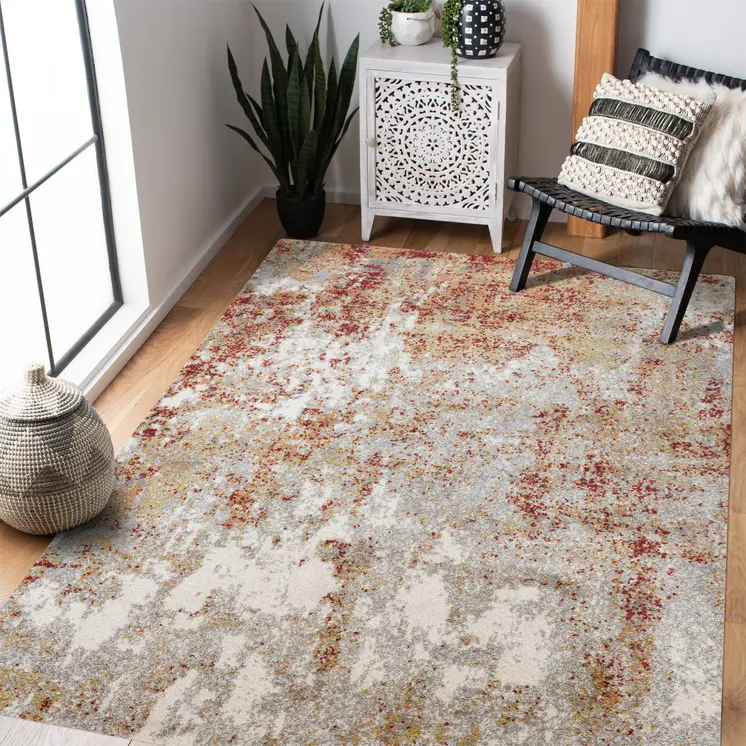 8' X 10' Ivory Red And Cream Abstract Area Rug