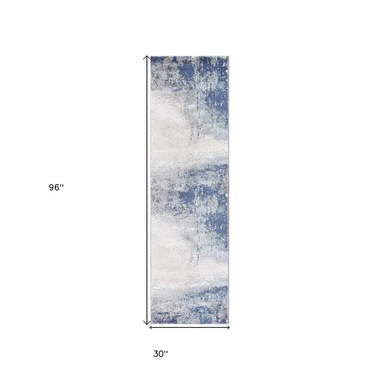 8' Dark Blue And Gray Abstract Runner Rug