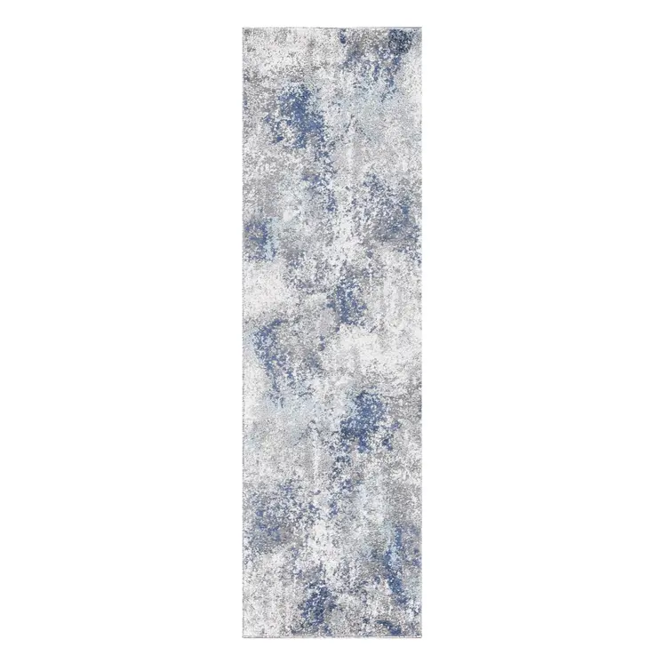 8' Ivory Blue And Gray Abstract Runner Rug