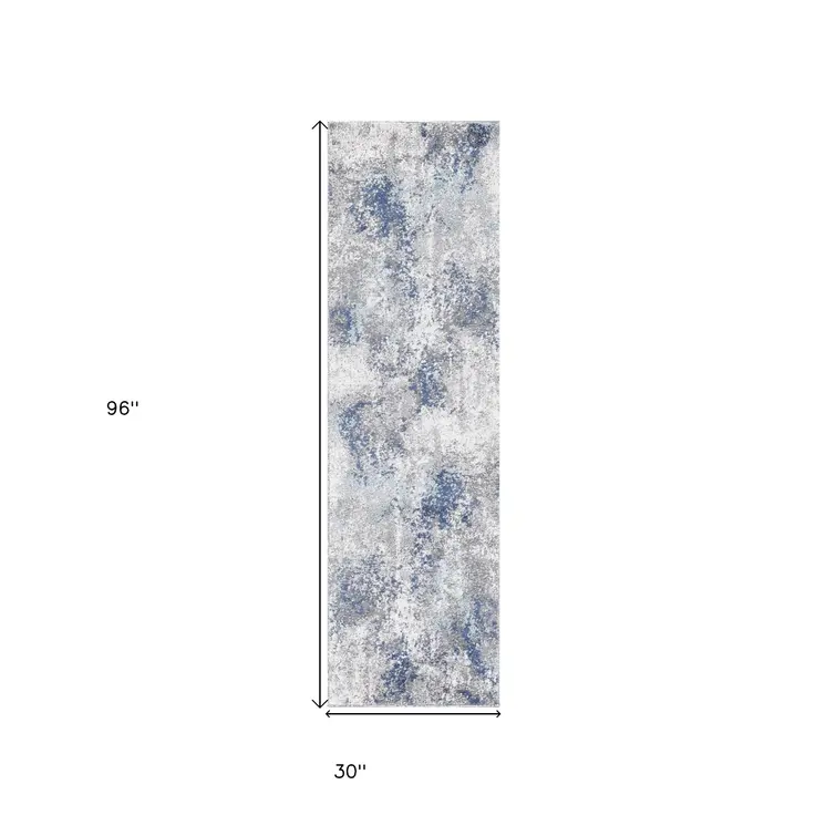 8' Ivory Blue And Gray Abstract Runner Rug