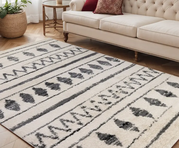 5' X 8' Black and Off White Geometric Shag Area Rug