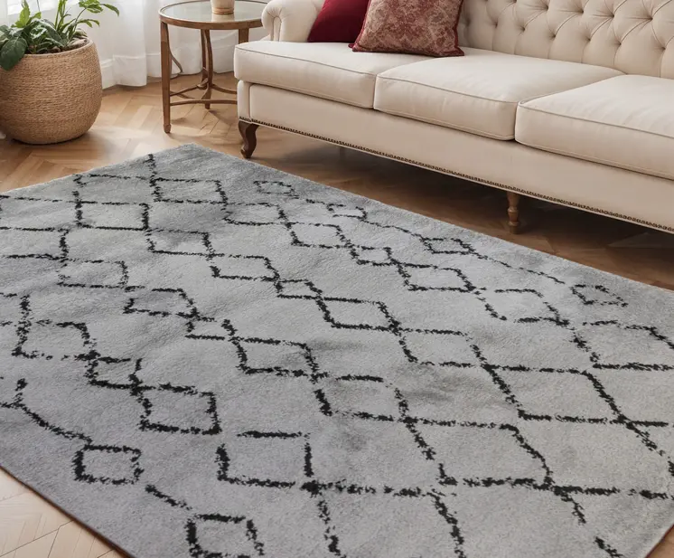 5' X 8' Gray and Black Geometric Shag Area Rug