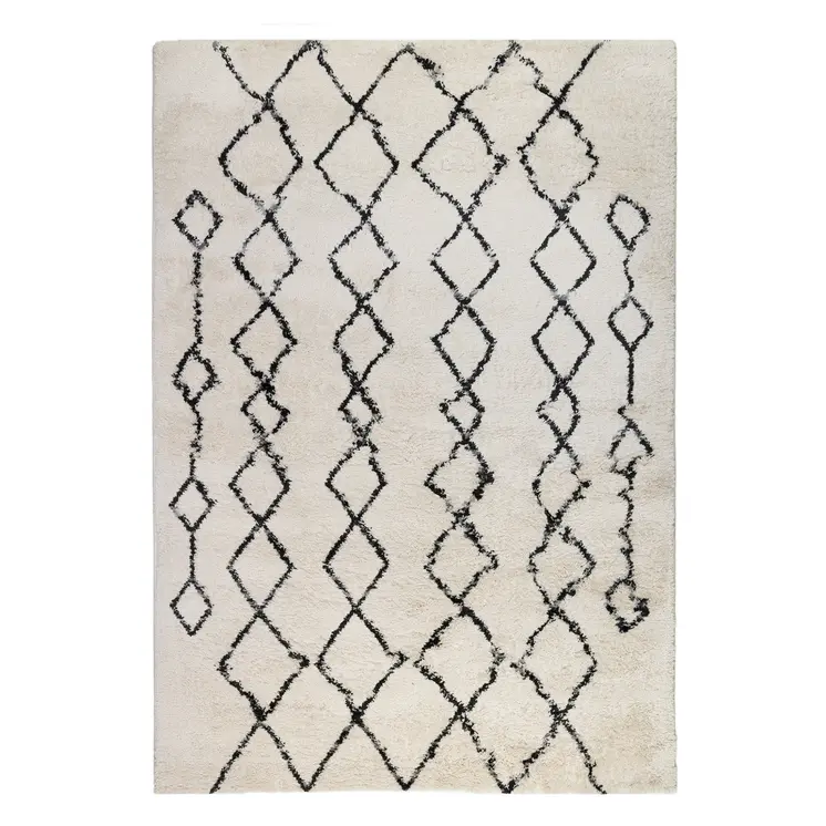 5' X 8' Ivory and Black Geometric Shag Area Rug
