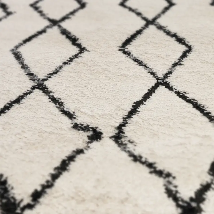 5' X 8' Ivory and Black Geometric Shag Area Rug