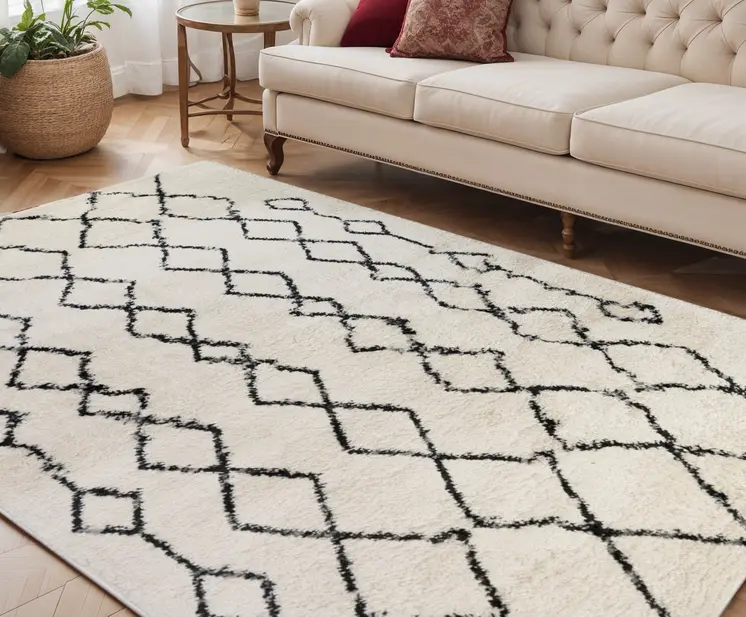 5' X 8' Ivory and Black Geometric Shag Area Rug