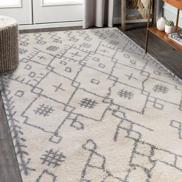 2' X 3' Gray and Ivory Geometric Shag Area Rug