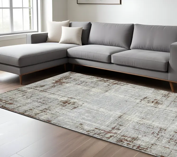 9' X 12' Ivory Gray And Red Abstract Area Rug