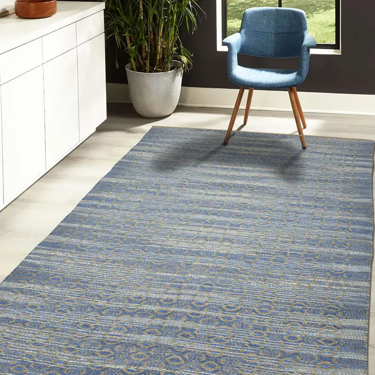 8' X 10' Tan And Blue Jute Geometric Flatweave Handmade Area Rug