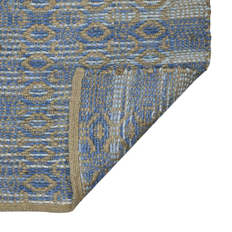 8' X 10' Tan And Blue Jute Geometric Flatweave Handmade Area Rug