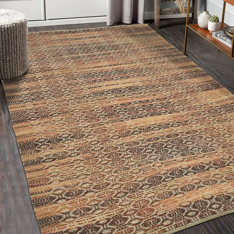 5' X 8' Tan And Red Jute Geometric Flatweave Handmade Area Rug
