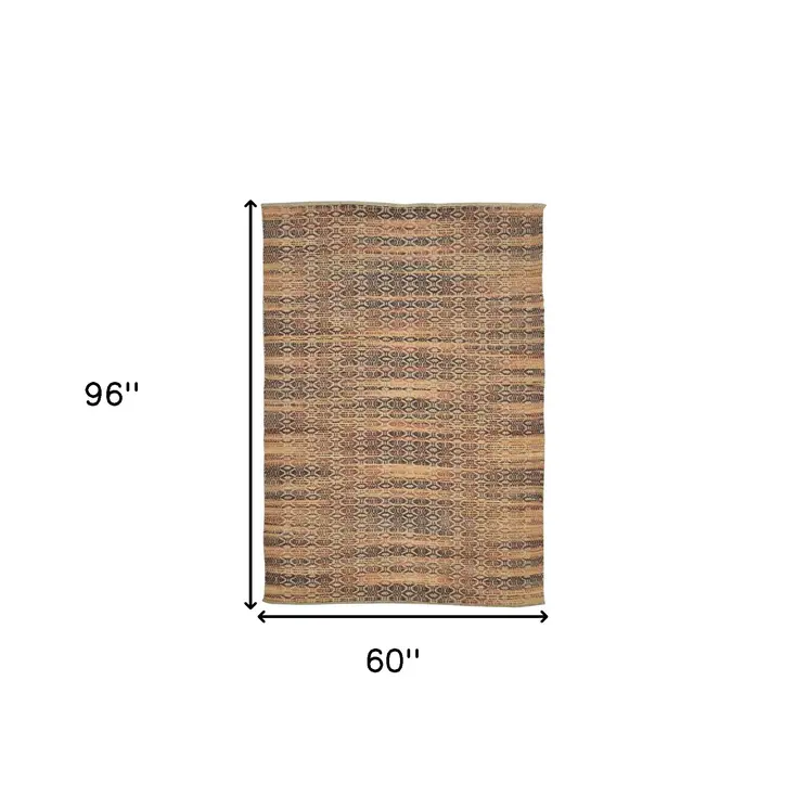 5' X 8' Tan And Red Jute Geometric Flatweave Handmade Area Rug