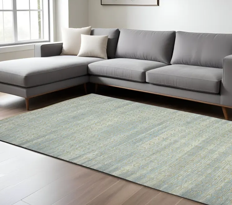 8' X 10' Light Blue And Tan Jute Geometric Flatweave Handmade Area Rug