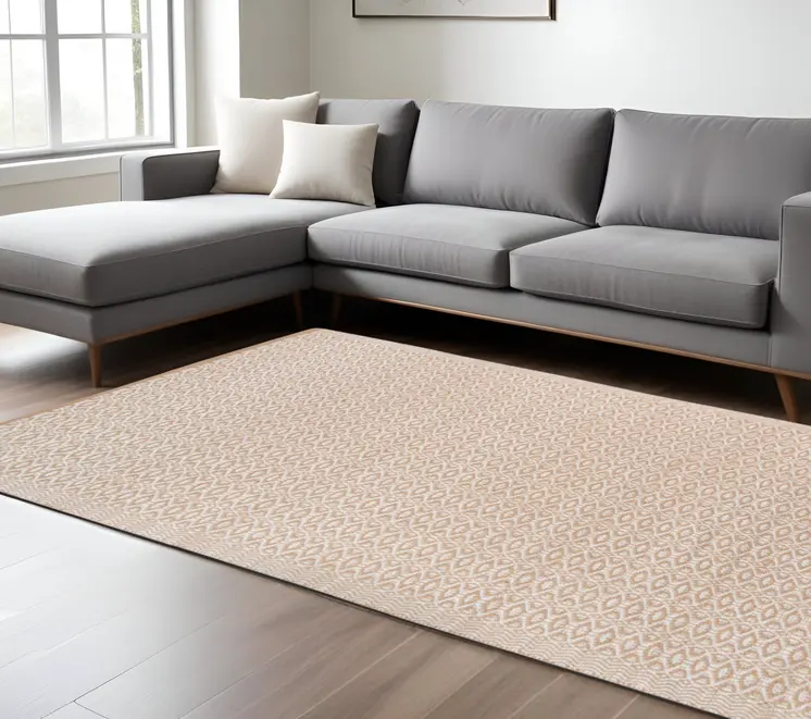8' X 10' White And Tan Jute Geometric Flatweave Handmade Area Rug
