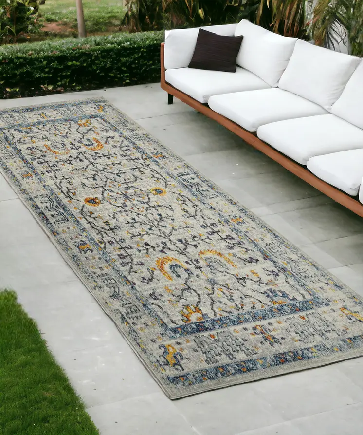 8' Yellow And Ivory Oriental Indoor Outdoor Runner Rug